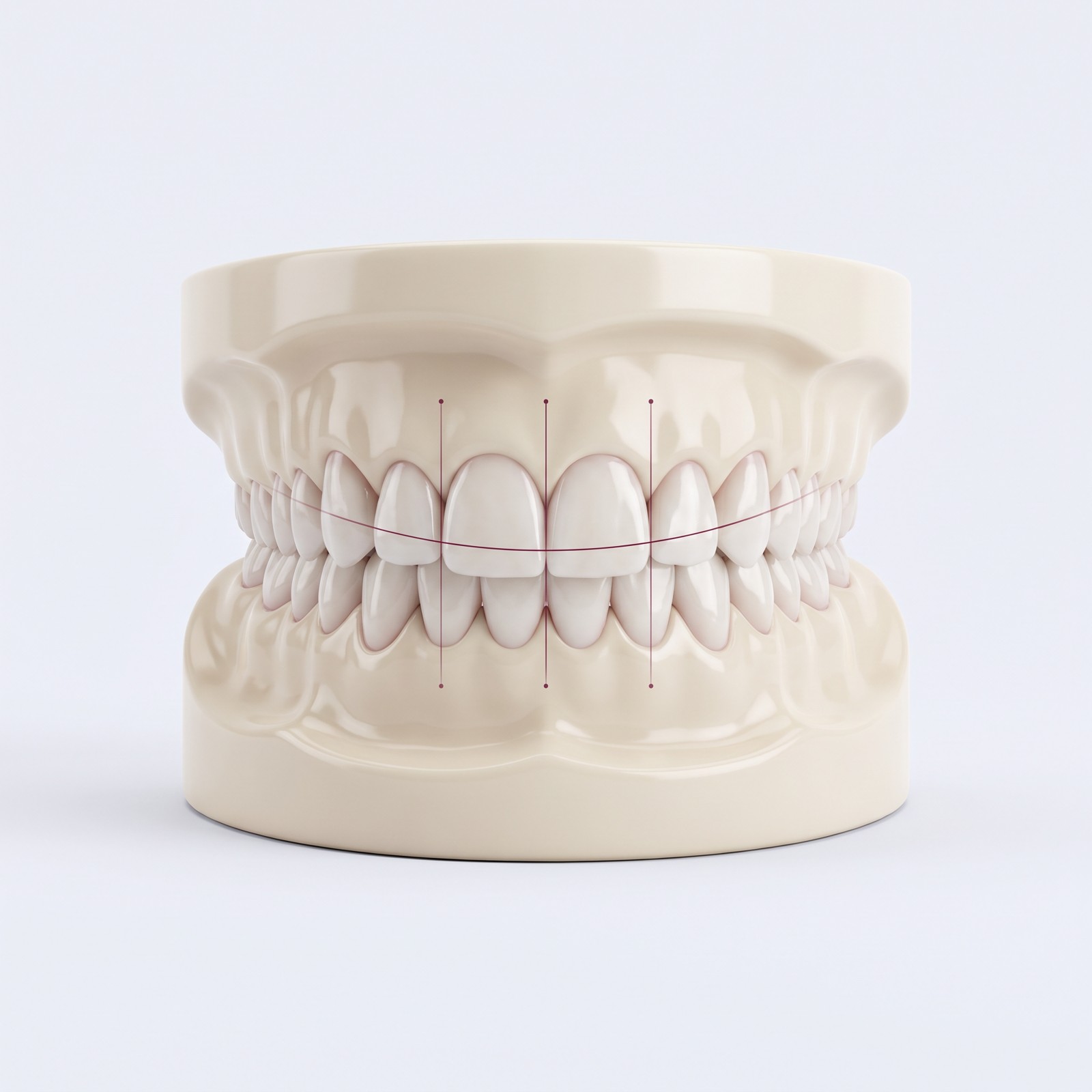 Modello dentale illustrativo con linee digitali per progettare il sorriso